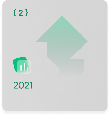 Milestone card 2021 with increase icon and green and gray colours