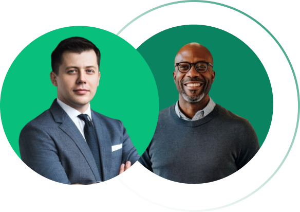 Photo of two men with a green background to give context to the DevSavant website